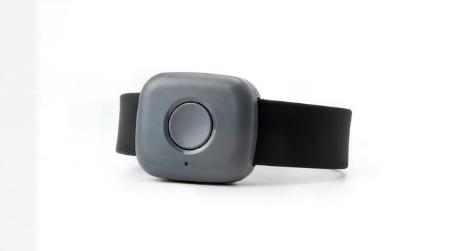 Grey square wearable medical alert button with black wrist strap