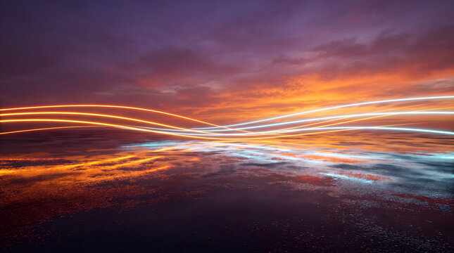 Glowing Neon Light Trails Waving over Wet Asphalt Surface at Sunset