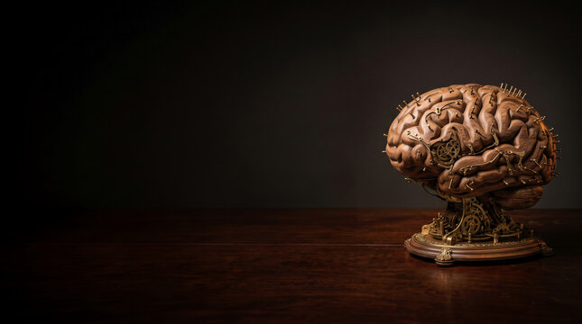 Steampunk brain sculpture with gears and wires on wooden desk