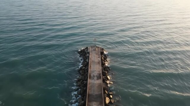 Aerial drone view of concrete pier extending into calm ocean waves at sunset jetty