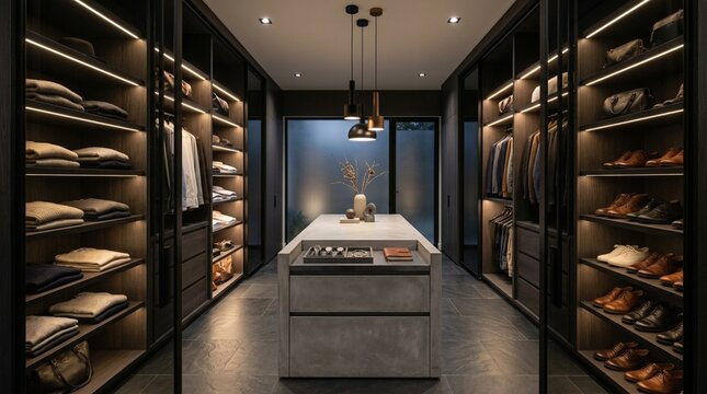 Modern luxury walk-in closet with organized clothes and shoes, ambient lighting