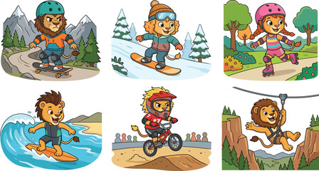 Obraz premium Cute Cartoon Lion Adventure Sports Collection with Outdoor Action and Extreme Activity Illustrations