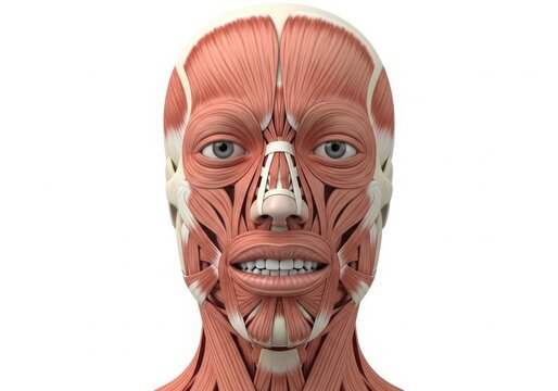 Human face muscles and skull anatomy front view isolated on white background