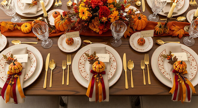 Elegant autumn dinner table setting decorated with mini pumpkins and colorful fall floral centerpieces