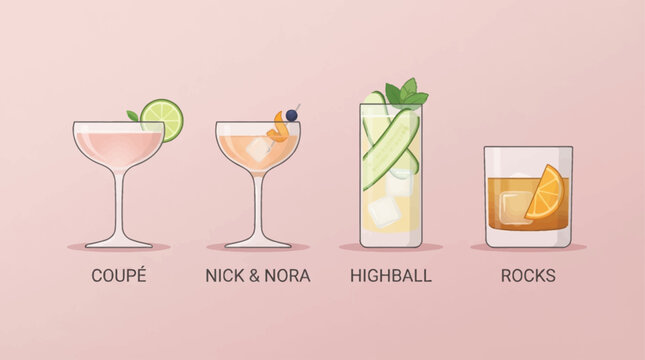 A collection of four distinct cocktail glasses, each showcasing a different drink and garnish, labeled with their respective names: Coupe, Nick & Nora, Highball, and Rocks.