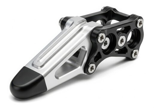 Black and silver bicycle brake caliper close-up isolated on white background