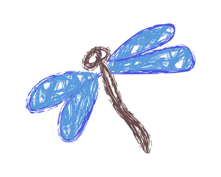 Hand-drawn sketch-style dragonfly with blue textured wings and brown body. Playful artistic illustration perfect for nature themes, kids art, and creative decorative projects