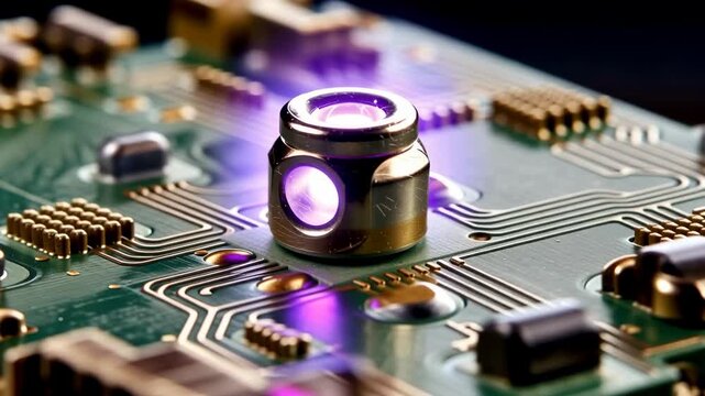 Glowing metallic electronic component with purple light on detailed circuit board, close up macro view highlighting conductive traces and surface mounted technology