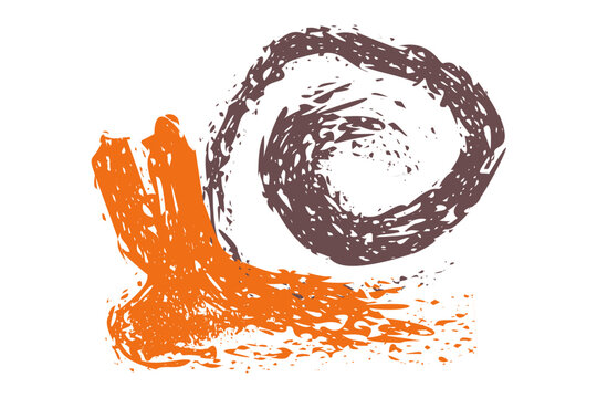 Abstract hand-drawn snail illustration with orange brushstroke body and swirling brown shell. Artistic textured design perfect for creative projects, kids art, and decorative themes