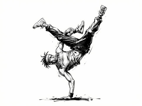 A dynamic black and white sketch of a breakdancer performing a one handed freeze.