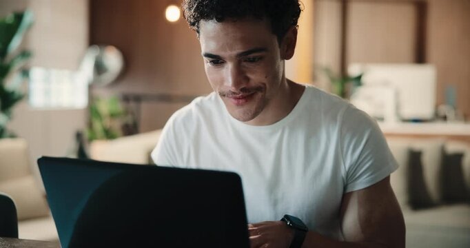 Smile, laptop and research with man in home office for freelancer, finance report and reading. Budget planning, remote creditor and audit advisor with person and tech in house for online account