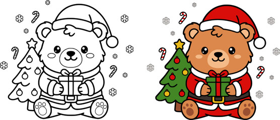Fototapeta premium Cute Kawaii Christmas Bear Sitting Beside Tree Holding Gift Vector Illustration