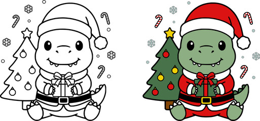 Cute Kawaii Dinosaur T-rex Sitting Beside Christmas Tree Holding Present Vector Illustration © Totu Tayo