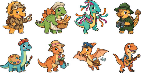 Cute Dinosaur Cartoon Characters Vector Set with Fun Occupations and Hobby Illustrations © MstKhairun