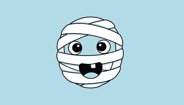 Adorable cartoon mummy character face wrapped in white bandages isolated on a solid light blue background.