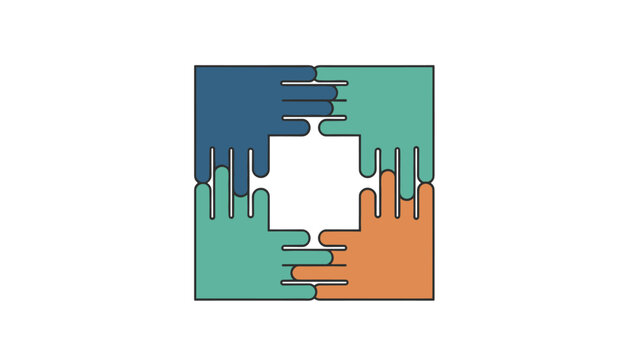 Unity and cooperation concept with four colorful hands interlocking to form a square shaped border.