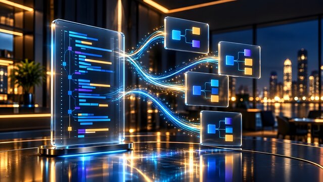 Digital workflow automation and data structuring interface floating in modern corporate office at night