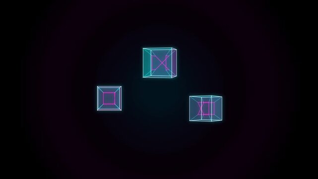 Abstract cubes rotating with subtle chromatic aberration during a dark ambient light concept