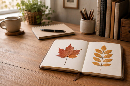 Gepresste Herbstbl&auml;tter in offenem Notizbuch auf gem&uuml;tlichem Holzschreibtisch