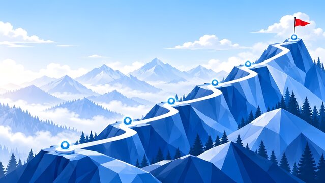 Strategic business roadmap concept showing winding mountain path with glowing milestones leading to a red flag