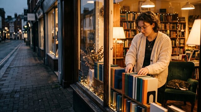 Young adult caucasian woman organizing books in a cozy bookstore window display.