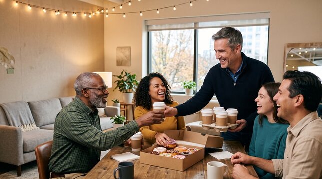 Diverse colleagues laughing and sharing coffee and donuts in a cozy office breakroom.