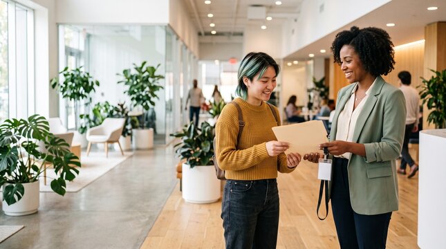 Diverse colleagues discussing document during onboarding in modern office.