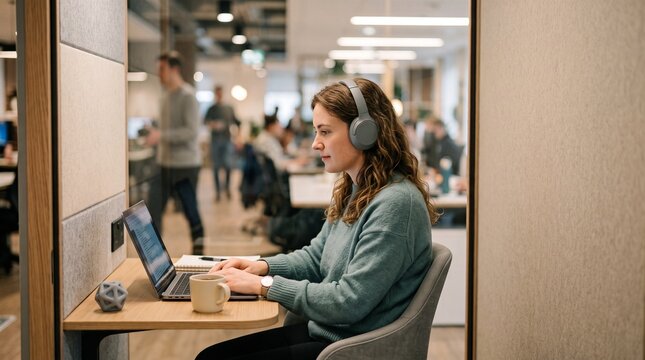 Caucasian woman working on laptop with headphones in modern office acoustic booth.
