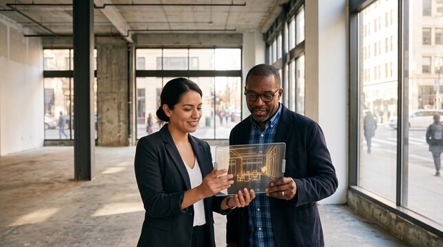 Diverse business partners reviewing digital blueprint in empty office space.