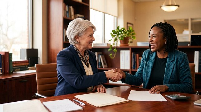 Diverse businesswomen shaking hands during meeting in corporate office.