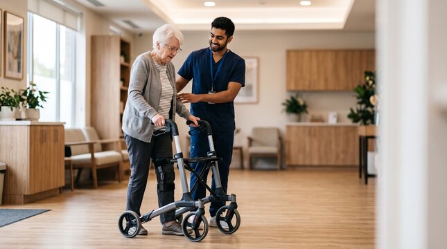 Male nurse helping senior woman walk with mobility walker in nursing home.
