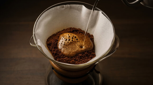 Pour over coffee brewing process with hot water and coffee grounds