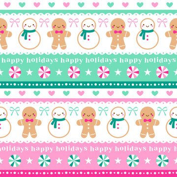 Cute cookies, candy, bow, heart and star seamless striped design for Christmas and new year holidays background.