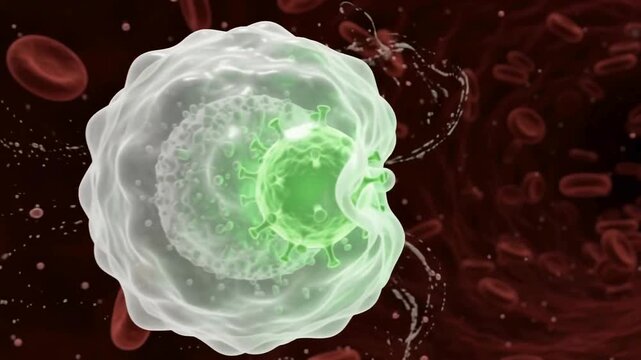 Detailed 3D render of a white blood cell engulfing a glowing green pathogen illustrating an immune response at the cellular level