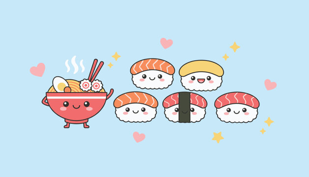 Kawaii Japanese food illustration featuring a smiling bowl of ramen with chopsticks and several happy pieces of sushi over a light blue background.