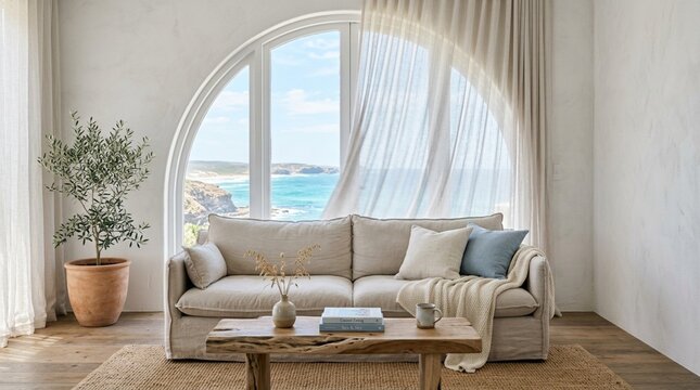 Bright coastal living room with ocean view, natural textures, cozy sofa, arched window