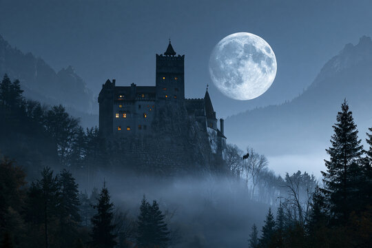 Dracula's Castle Overlooking a Foggy Forest Valley Beneath a Luminous Full Moon on an Eerie Halloween Night