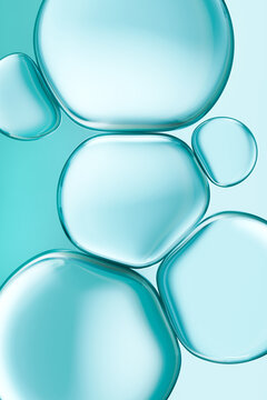 Abstract turquoise liquid gel texture with smooth transparent shapes and glossy highlights. Clean 3D background for skincare, cosmetics, hydration, wellness, medicine and biotechnology concepts.