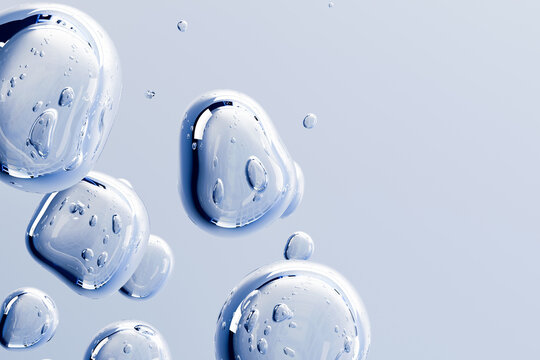 Floating blue transparent bubbles with liquid texture on a clean light background. Minimal 3D render for skincare gel, hydration, cosmetic science and biotechnology concept.	
