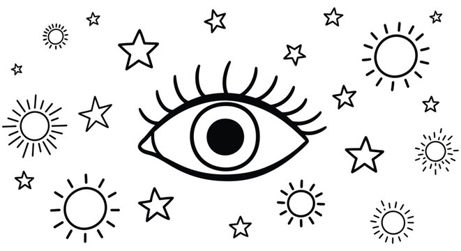 Stylized eye illustration with stars and suns on a white background