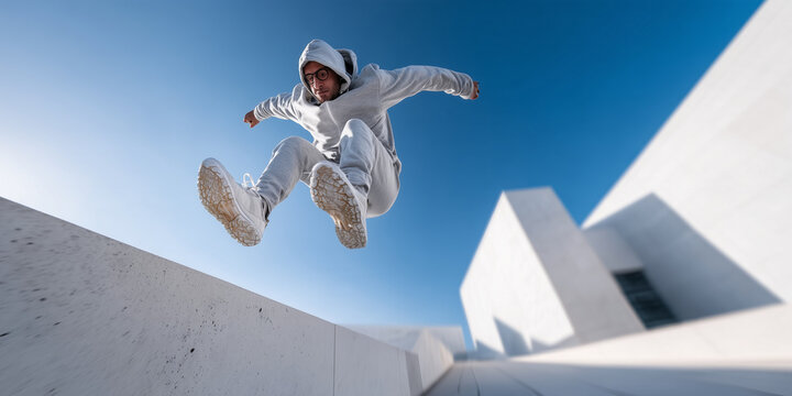 Athlete Performing Parkour Leap Between Concrete Structures &mdash; Dynamic Urban Sports Action Portrait


