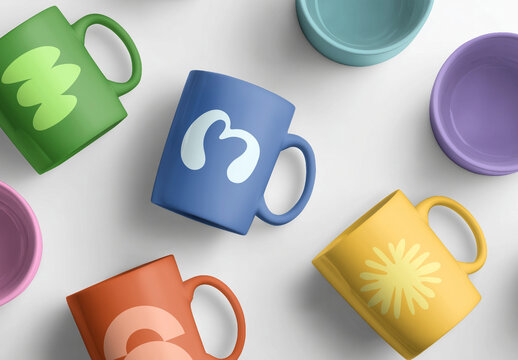 Colorful Mug Mockup PSD With Abstract Designs On A White Background