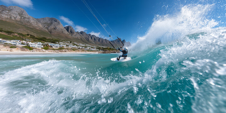 Professional Kitesurfer Carving Across Turquoise Ocean Water &mdash; Dynamic Water Sports Portrait

