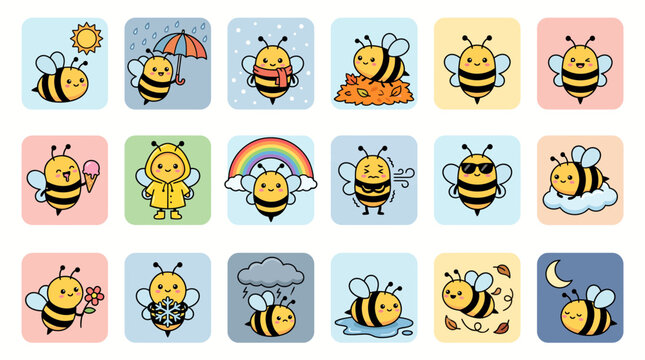 A charming set of cute cartoon bee illustrations showcasing various activities, emotions, and seasonal themes, perfect for playful designs and children's projects
