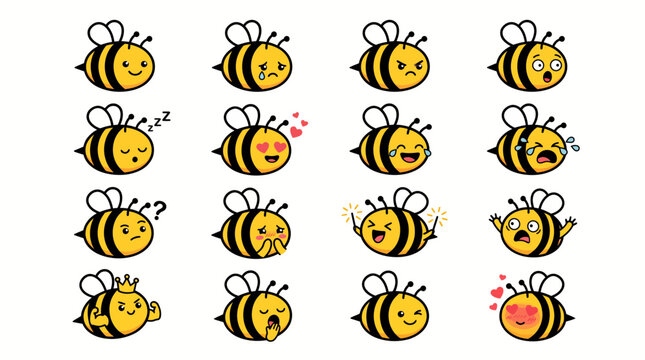 Cute cartoon bee emotion icon sheet featuring sixteen expressive bumblebee characters with different facial expressions for stickers and digital art