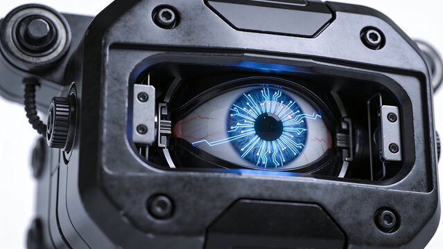 Mechanical Robot Eye with Glowing Circuit Iris, Machine Vision