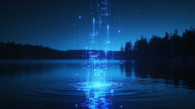Night Lake with Glowing Data Particles Rising, Data Lake