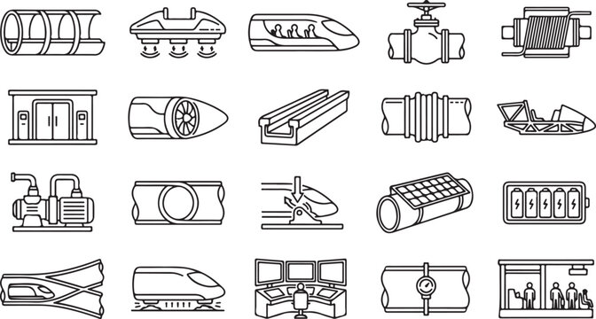 Set of hyperloop transportation and high speed vacuum tube train black vector icons isolated on white background