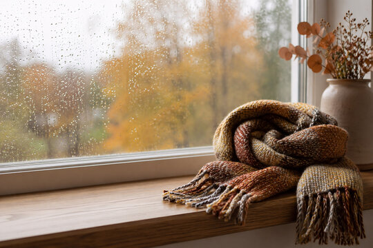 Kuscheliger Herbstschal auf Fensterbank mit Regentropfen und goldenem Herbstlaub