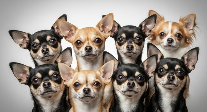 Five expressive chihuahuas with floral accessories posing closely together